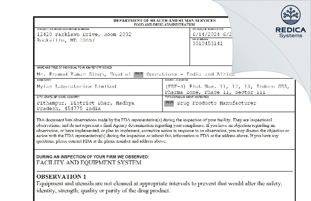 FDA 483 - Mylan Laboratories Limited [Dhar Sub-District / India] - Download PDF - Redica Systems