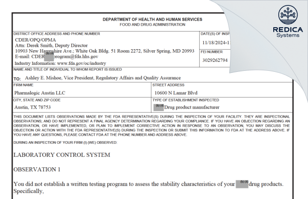 FDA 483 - Pharmalogic Austin, LLC [Austin / United States of America] - Download PDF - Redica Systems