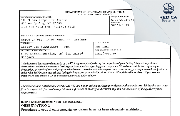 FDA 483 - Wesley Coe (Cambridge) Ltd. [Ely / United Kingdom of Great Britain and Northern Ireland] - Download PDF - Redica Systems