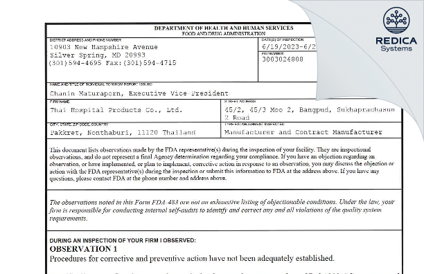 FDA 483 - Thai Hospital Products Co., Ltd. [Pak Kret / Thailand] - Download PDF - Redica Systems