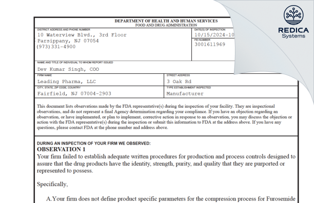 FDA 483 - LEADING PHARMA, LLC [Fairfield / United States of America] - Download PDF - Redica Systems