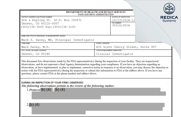 FDA 483 - Mark Dacey, M.D. [Denver / United States of America] - Download PDF - Redica Systems