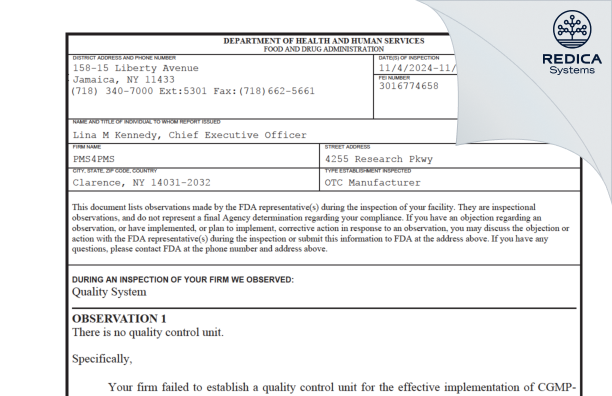 FDA 483 - PMS4PMS LLC [Clarence / United States of America] - Download PDF - Redica Systems