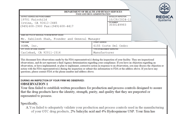 FDA 483 - SOHM Inc. [Carlsbad / United States of America] - Download PDF - Redica Systems