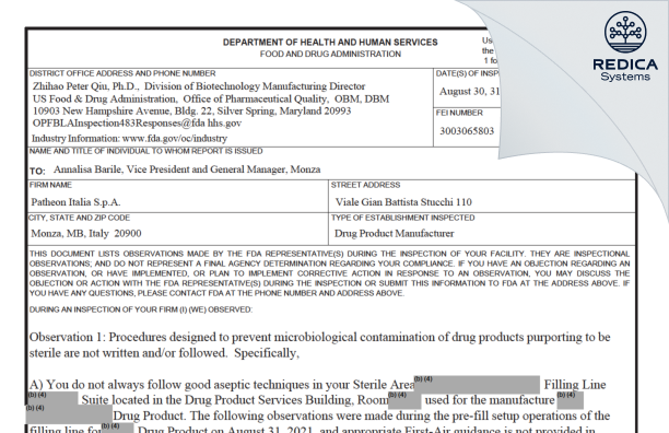 FDA 483 - Patheon Italia S.p.A [Monza / Italy] - Download PDF - Redica Systems