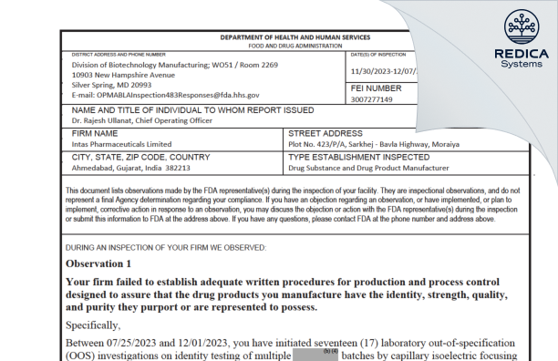 FDA 483 - Intas Pharmaceuticals Limited [Sanand / India] - Download PDF - Redica Systems