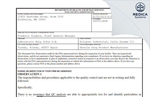 FDA 483 - Laboratorio Reig Jofre Sa. [Toledo / Spain] - Download PDF - Redica Systems