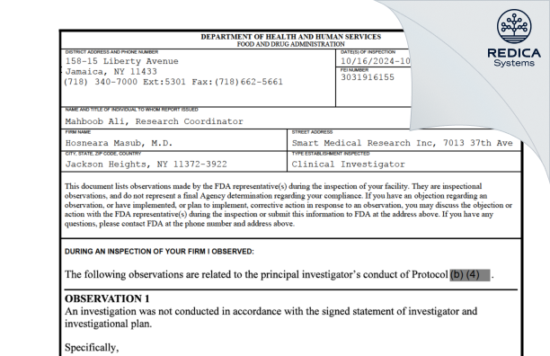 FDA 483 - Hosneara Masub, M.D. [Jackson Heights / United States of America] - Download PDF - Redica Systems