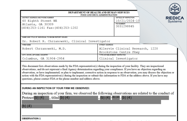 FDA 483 - Robert Chrzanowski, M.D. [Columbus / United States of America] - Download PDF - Redica Systems