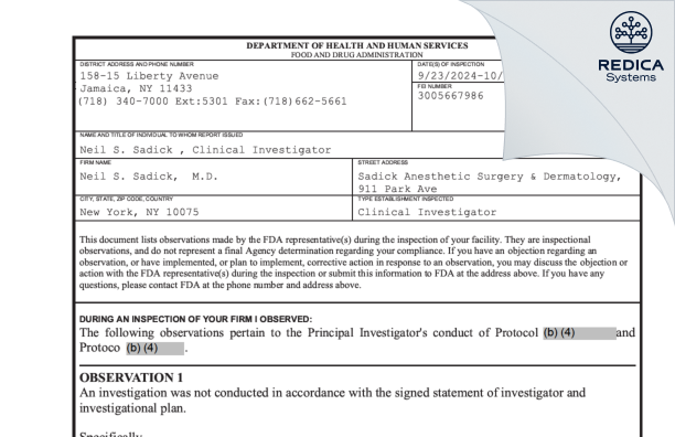 FDA 483 - Sadick, Neil M.D. [New York / United States of America] - Download PDF - Redica Systems