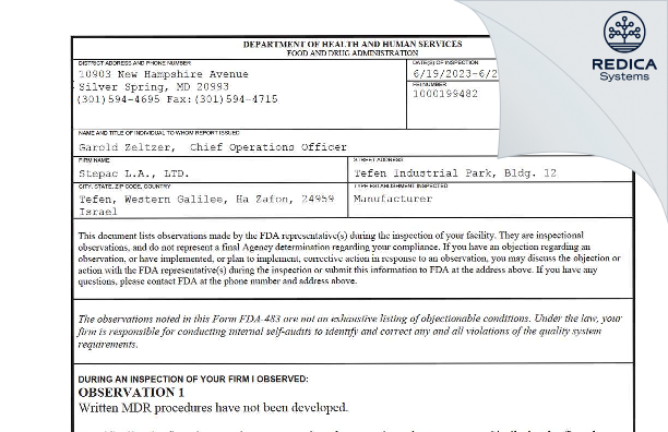 FDA 483 - Stepac L.A., LTD. [- / Israel] - Download PDF - Redica Systems