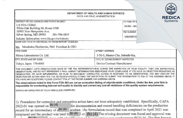 FDA 483 - Shima Laboratories Co., Ltd. [Maenocho / Japan] - Download PDF - Redica Systems