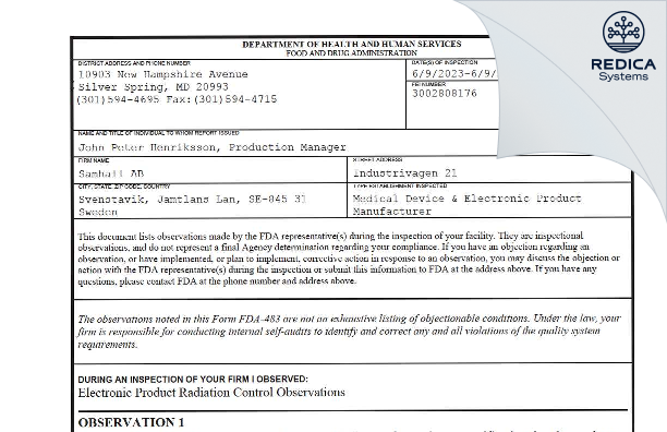 FDA 483 - Samhall AB [Berg / Sweden] - Download PDF - Redica Systems