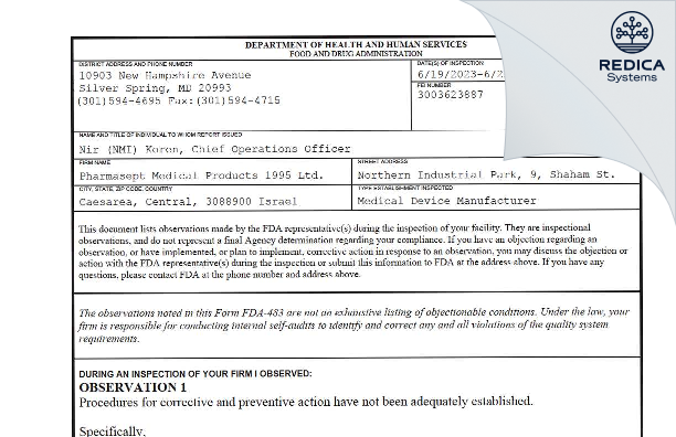 FDA 483 - Pharmasept Medical Products 1995 Ltd. [Kesariya / Israel] - Download PDF - Redica Systems