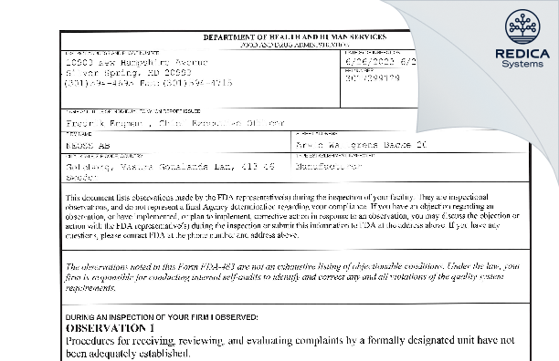 FDA 483 - NEOSS AB [Göteborg / Sweden] - Download PDF - Redica Systems