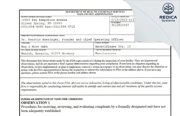 FDA 483 - Mag & More Gmbh [München / Germany] - Download PDF - Redica Systems