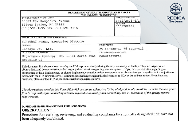 FDA 483 - Innosys Co., Ltd. [- / Korea (Republic of)] - Download PDF - Redica Systems