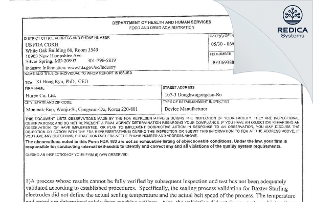 FDA 483 - HUREV Co., Ltd. [Munmak-Eup / Korea (Republic of)] - Download PDF - Redica Systems