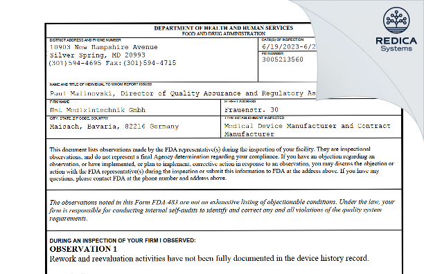 FDA 483 - Hmt Medizintechnik Gmbh [Maisach / Germany] - Download PDF - Redica Systems