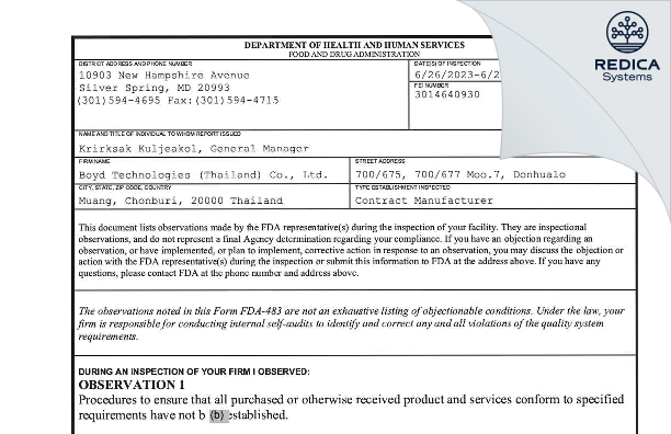 FDA 483 - Boyd Technologies (Thailand) Co., Ltd. [Muang / Thailand] - Download PDF - Redica Systems