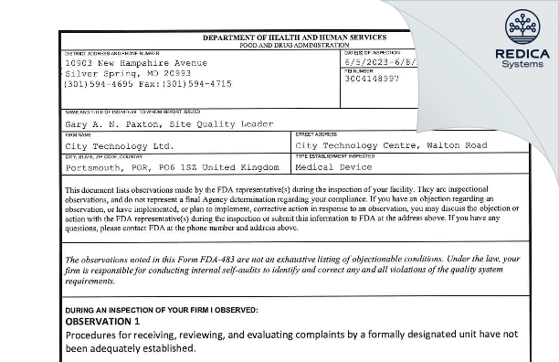 FDA 483 - City Technology Ltd. [Portsmouth / United Kingdom of Great Britain and Northern Ireland] - Download PDF - Redica Systems