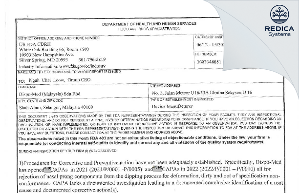 FDA 483 - Dispo-Med (Malaysia) Sdn Bhd [Shah Alam / Malaysia] - Download PDF - Redica Systems