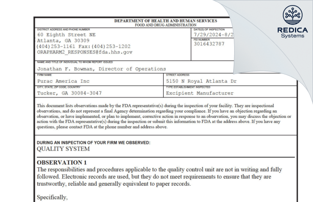 FDA 483 - Purac America, Inc. [Tucker / United States of America] - Download PDF - Redica Systems