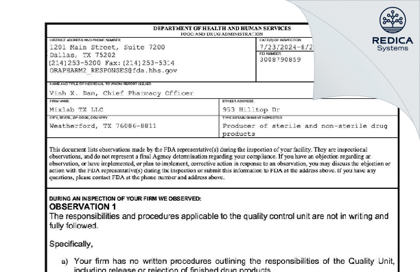 FDA 483 - Absolute Veterinary Compounding Pharmacy [Weatherford / United States of America] - Download PDF - Redica Systems