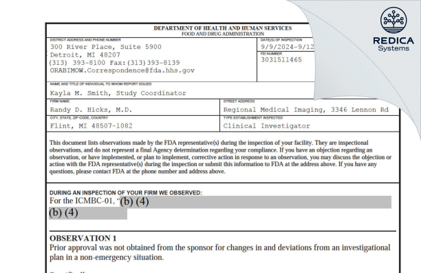 FDA 483 - Randy D. Hicks, M.D. [Flint / United States of America] - Download PDF - Redica Systems