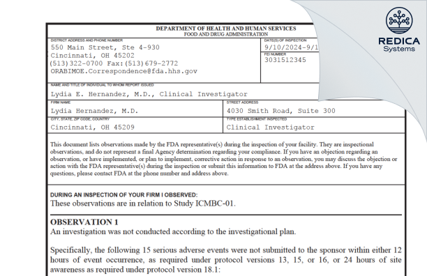 FDA 483 - Lydia Hernandez, M.D. [Cincinnati / United States of America] - Download PDF - Redica Systems