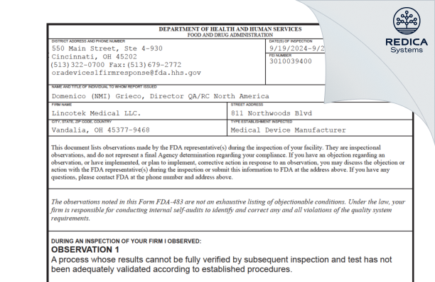 FDA 483 - Lincotek Medical LLC. [Vandalia / United States of America] - Download PDF - Redica Systems