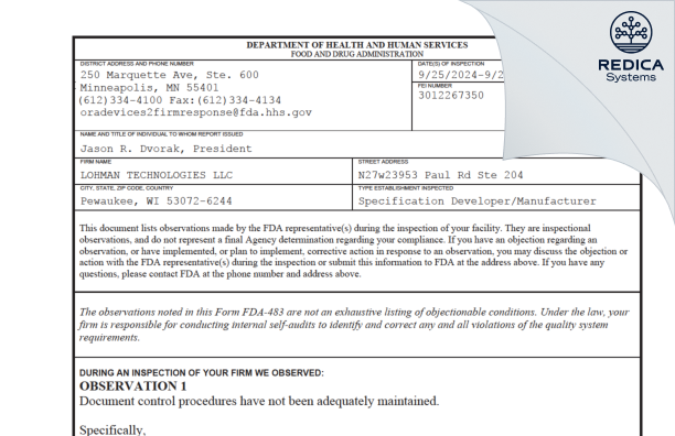 FDA 483 - LOHMAN TECHNOLOGIES LLC [Pewaukee / United States of America] - Download PDF - Redica Systems