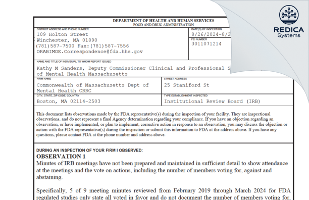 FDA 483 - Commonwealth of Massachusetts Dept of Mental Health CRRC [Boston / United States of America] - Download PDF - Redica Systems