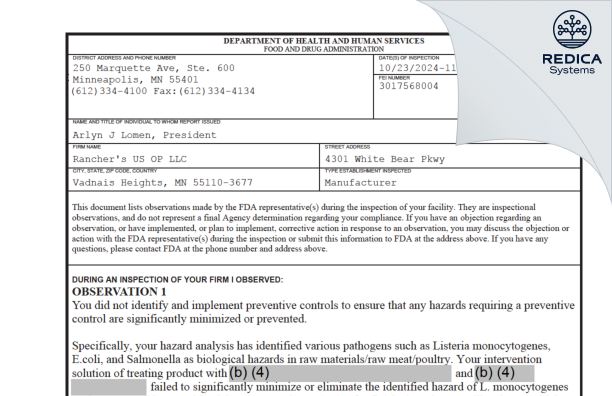 FDA 483 - Rancher's US OP LLC [Saint Paul / United States of America] - Download PDF - Redica Systems