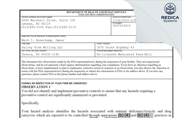 FDA 483 - Valley View Milling LLC [Seneca / United States of America] - Download PDF - Redica Systems