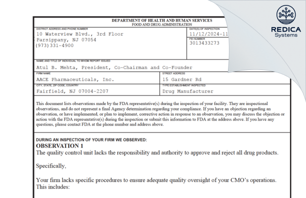 FDA 483 - AACE PHARMACEUTICALS, INC. [Fairfield / United States of America] - Download PDF - Redica Systems