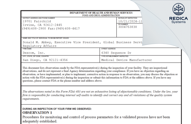 FDA 483 - Dexcom, Inc. [San Diego / United States of America] - Download PDF - Redica Systems