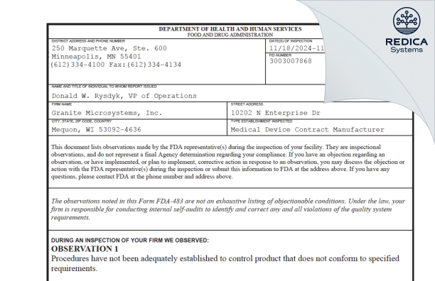 FDA 483 - Granite Microsystems, Inc [Mequon / United States of America] - Download PDF - Redica Systems