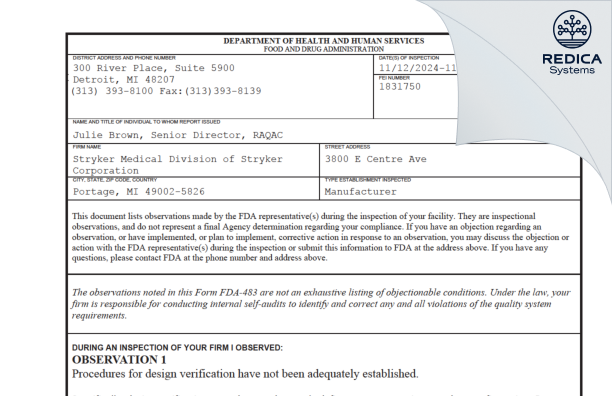 FDA 483 - Stryker Medical Division of Stryker Corporation [Portage / United States of America] - Download PDF - Redica Systems