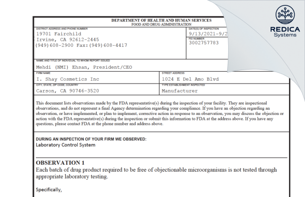 FDA 483 - I Shay Cosmetics, Inc. [Harbor City / United States of America] - Download PDF - Redica Systems