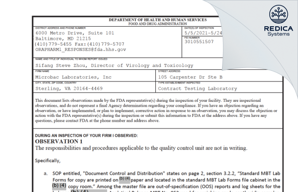 FDA 483 - Microbac Laboratories, Inc. [Sterling / United States of America] - Download PDF - Redica Systems