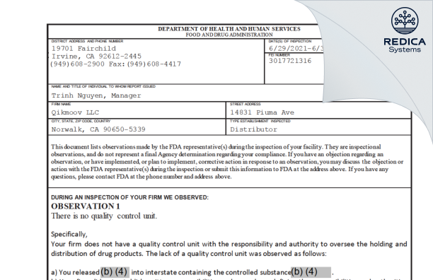 FDA 483 - Qikmoov LLC [Norwalk / United States of America] - Download PDF - Redica Systems