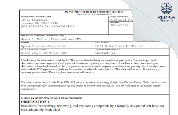 FDA 483 - Apnea Sciences Corporation [Aliso Viejo / United States of America] - Download PDF - Redica Systems