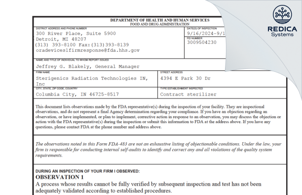 FDA 483 - Sterigenics Radiation Technologies IN, Inc [Columbia City / United States of America] - Download PDF - Redica Systems