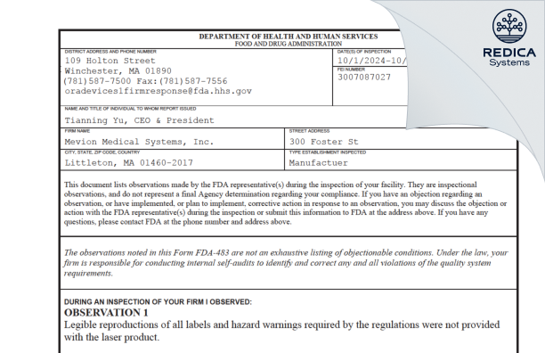 FDA 483 - Mevion Medical Systems, Inc. [Littleton / United States of America] - Download PDF - Redica Systems