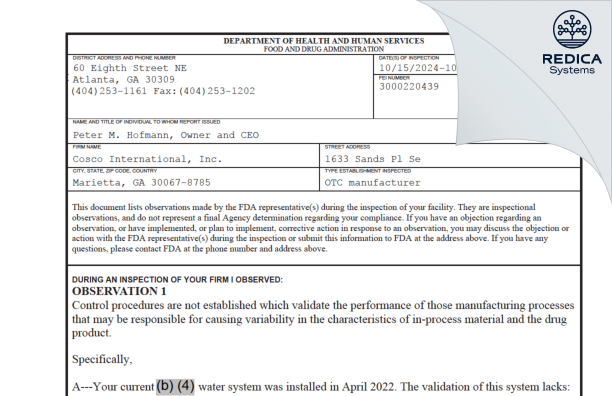 FDA 483 - Cosco International, Inc. [Marietta / United States of America] - Download PDF - Redica Systems