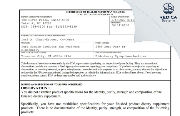 FDA 483 - Pure Simple Products aka Northern Elderberry [Traverse City / United States of America] - Download PDF - Redica Systems