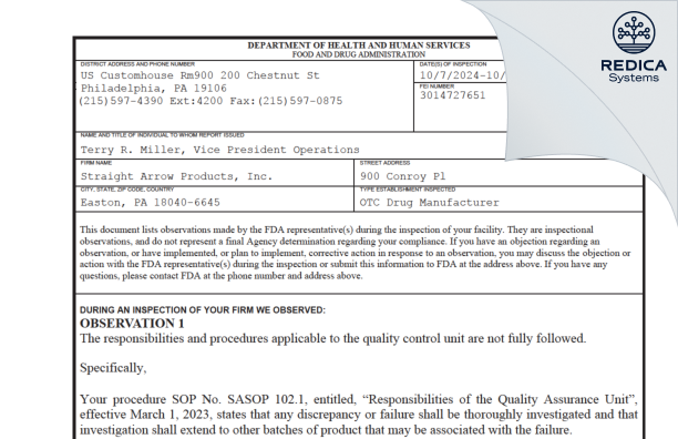 FDA 483 - Straight Arrow Products, Inc. [Easton / United States of America] - Download PDF - Redica Systems