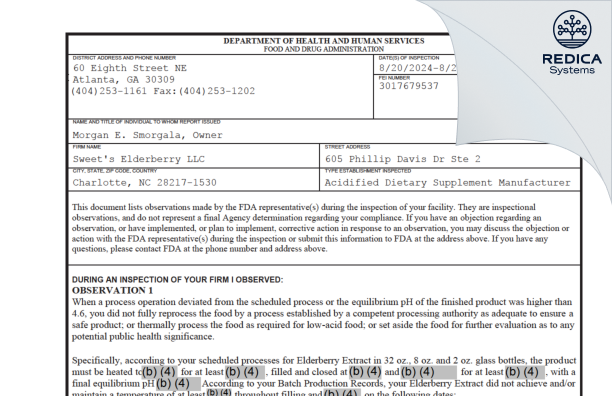 FDA 483 - Sweet's Elderberry LLC [Charlotte / United States of America] - Download PDF - Redica Systems