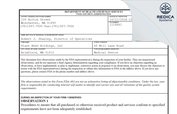 FDA 483 - Viant AS&O Holdings, LLC [Brimfield / United States of America] - Download PDF - Redica Systems